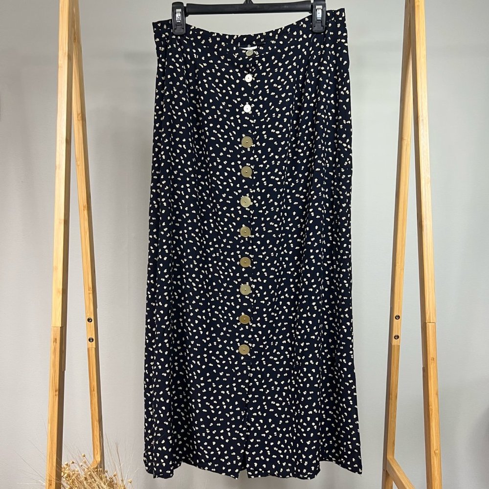 Navy Blue Floral Midi Skirt